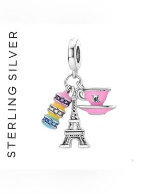 🌟 S925 Sterling Silver Coffee Macaron Paris Eiffel Tower Triple Dangle Charm